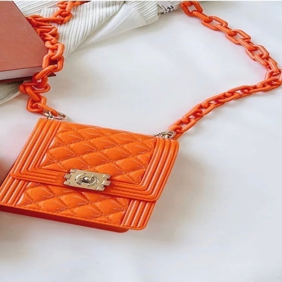 Handbags - Jelly handbag/crossbody with acrylic chain. Orange.